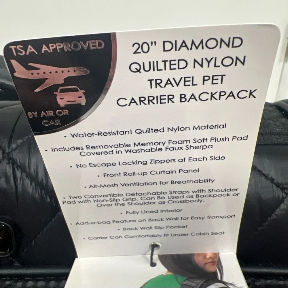 Joan & David 20” Diamond Quilted Travel Pet Carrier Backpack Black JDB2358 $290